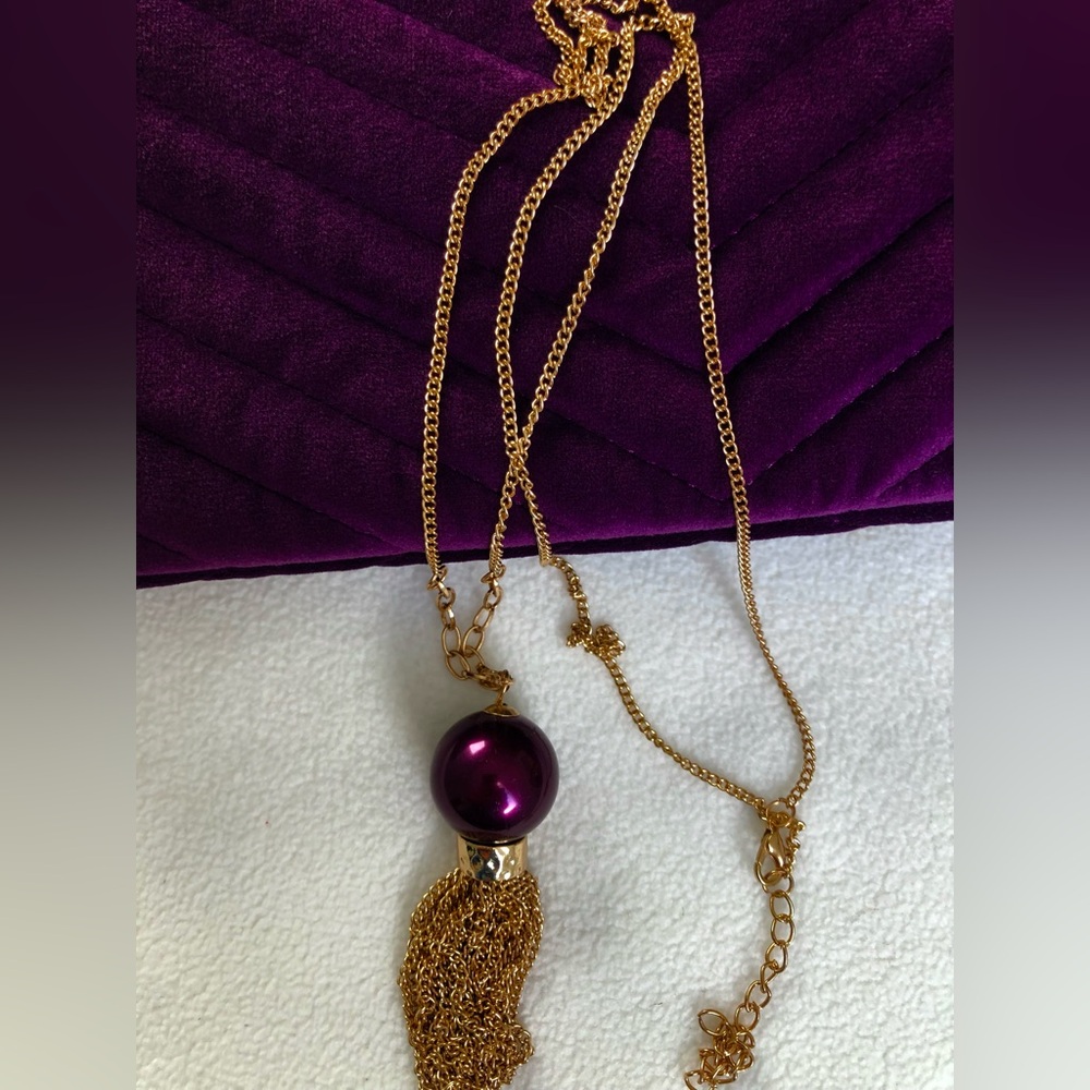 🔮New Mystical Whimsigoth Witchy Purple Tasseled Ball Gold Necklace
